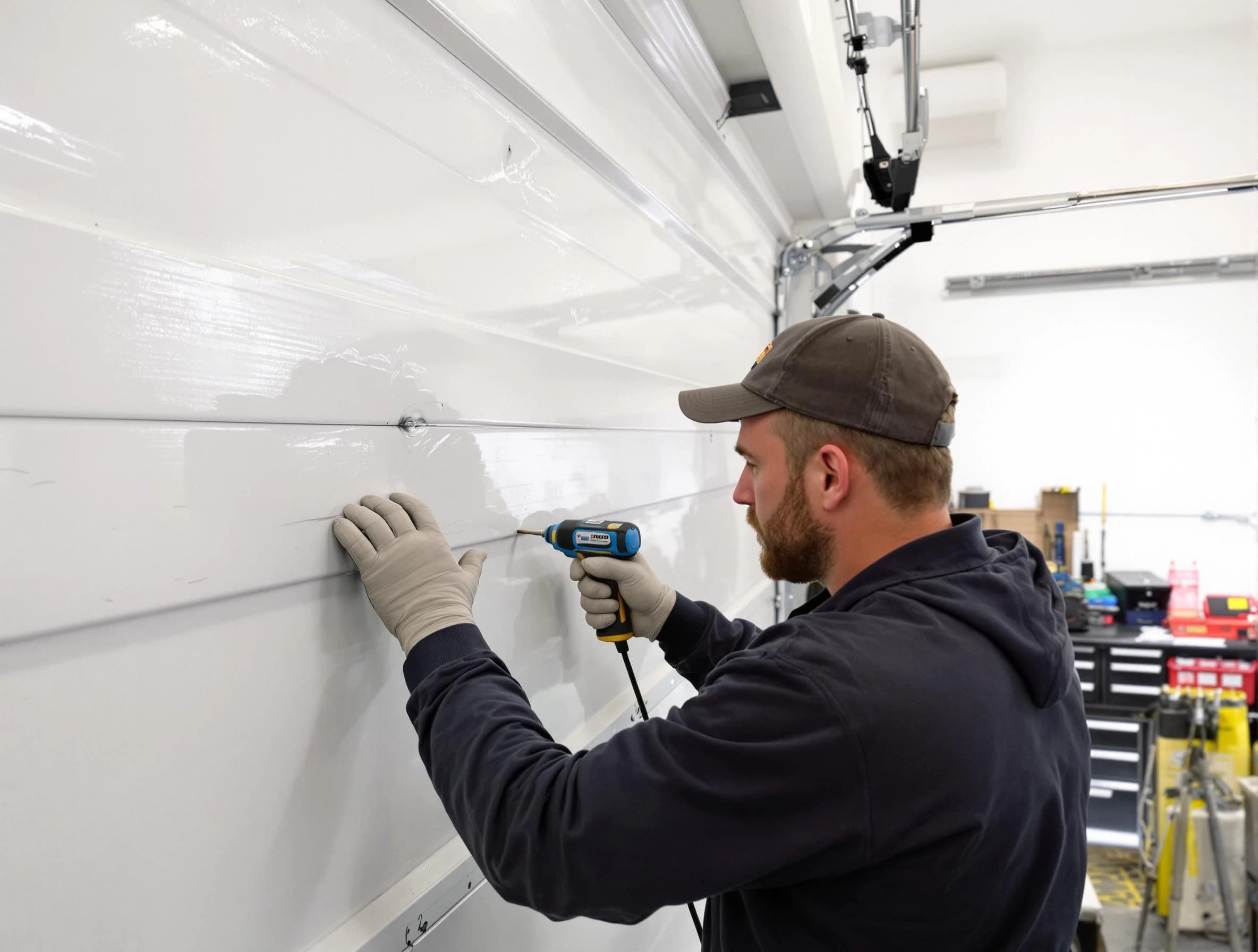 Hackensack Garage Door Repair technician demonstrating precision dent removal techniques on a Hackensack garage door