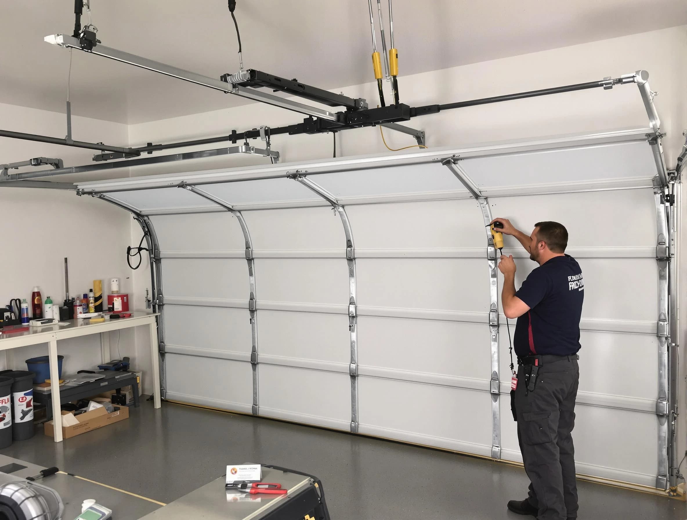 Hackensack Garage Door Repair certified technician performing overhead door system repair in Hackensack