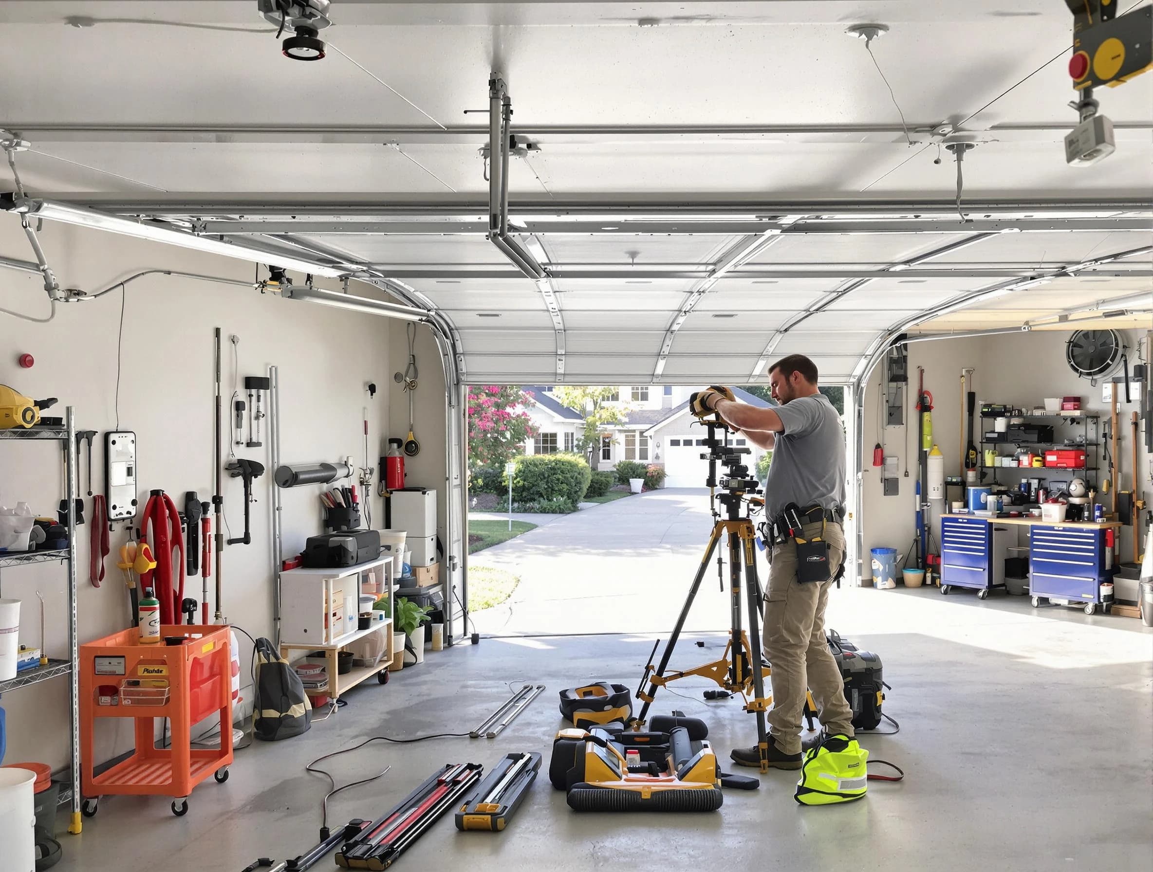Hackensack Garage Door Repair specialist performing laser-guided track alignment in Hackensack