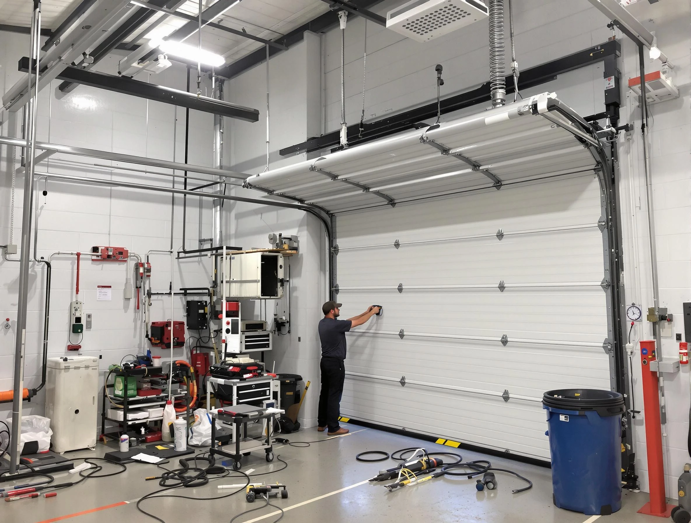 Hackensack Garage Door Repair certified technician performing commercial door repair at a Hackensack business facility